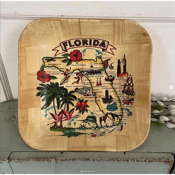 Vintage Florida Tray Bamboo Souvenir Wood Brown - Picture 1 of 8